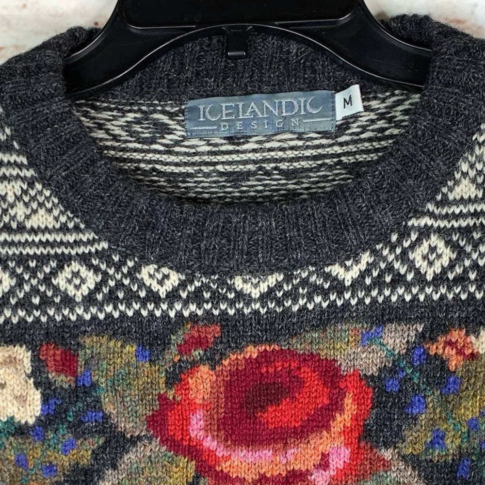 Icelandic Design Sweater Nordic Floral Gray Neck 100% Wool Size M - Picture 7 of 10